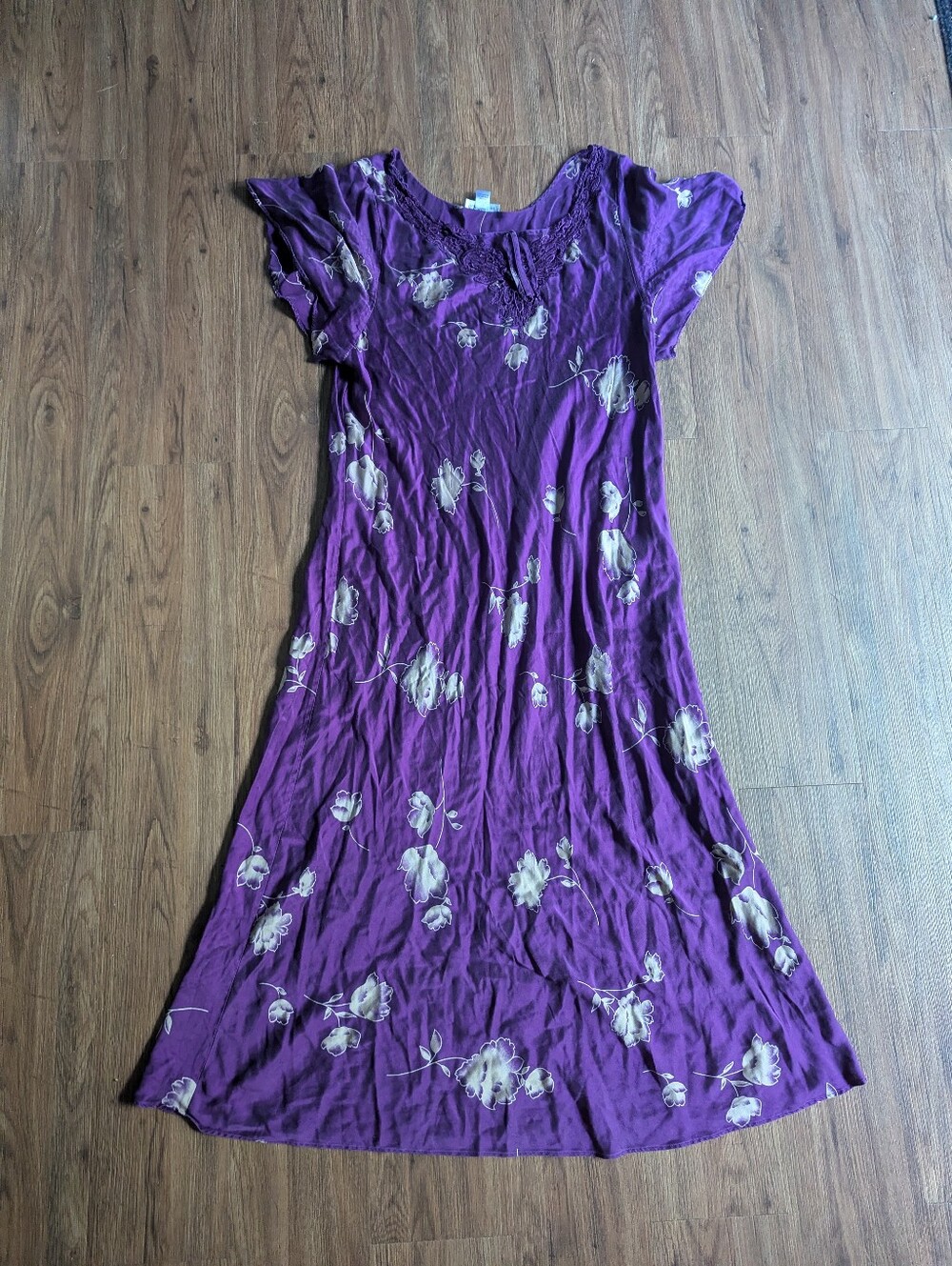 Vintage 100% Silk Purple Floral Short-Sleeve Women's Dress